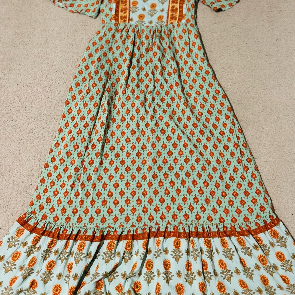 Green and Orange Tiered Maxi Sundress with Puff Sleeves